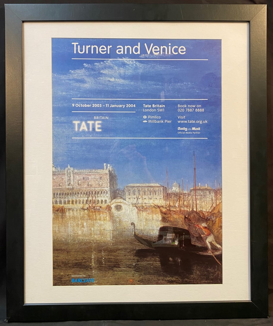 ORIGINAL WILLIAM TURNER (1775-1851) TATE BRITAIN EXHIBITION POSTER, 29.5IN x 3.5IN (75cm x 90cm): William Turner (1775-1851) color lithograph for an exhibition at the Tate Britain in London in 1985. The underlying piece used for the poster is titled Bridge if Sighs, Ducal Palace and Custom-House, 