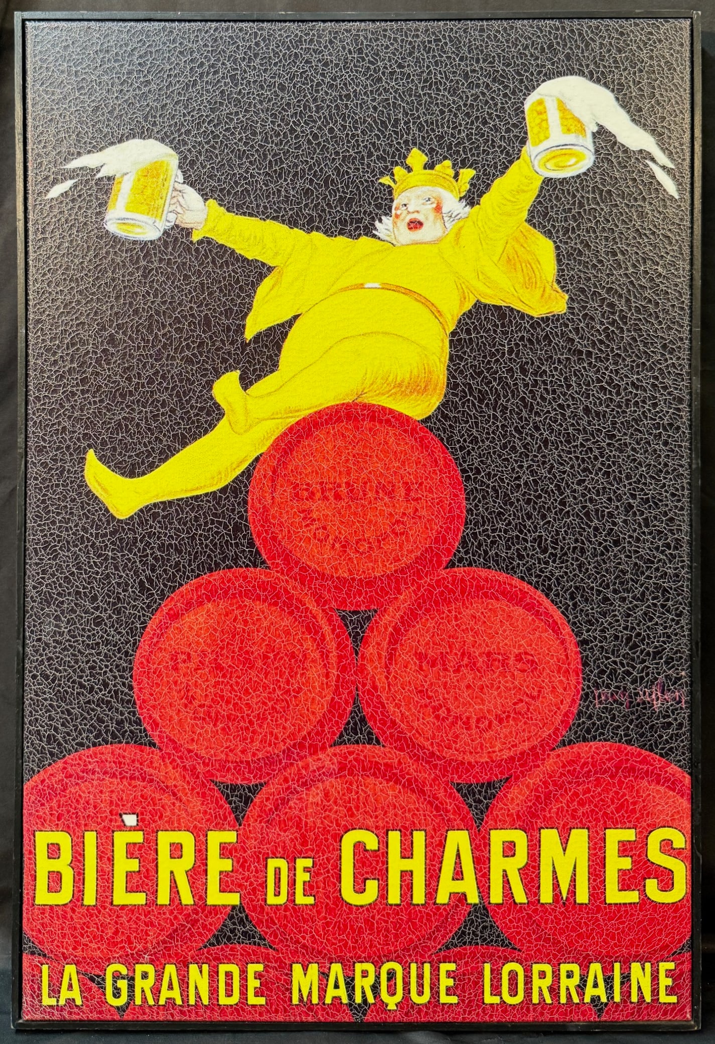 JEAN D?YLEN (1866-1938) LITHOGRAPH ON CANVAS TITLED BIERE DE CHARMES, 20.5IN x 30.5IN (52cm x 77cm): Jean D’Ylen (born Jean Paul Beguin, French, 1866-1938) lithograph on canvas titled Biere de Charmes. It is after the original which was produced in the 1920s. This piece is mounted on a frame an