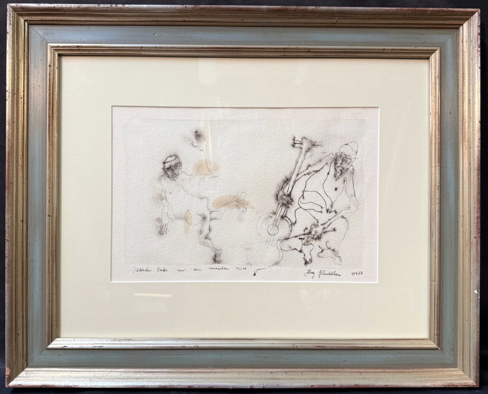 JORG SCHULTHESS (1941-1992) HAND SIGNED, ABSTRACT MIXED-MEDIA DRAWING, 18IN x 22IN (46cm x 56cm): Original mixed media drawing by Swiss artist Jorg Schulthess. It is titled Jüdisches Volk und sein vernichtetes Kind or The Jewish people and its annihilated child. It is hand signed and dated in
