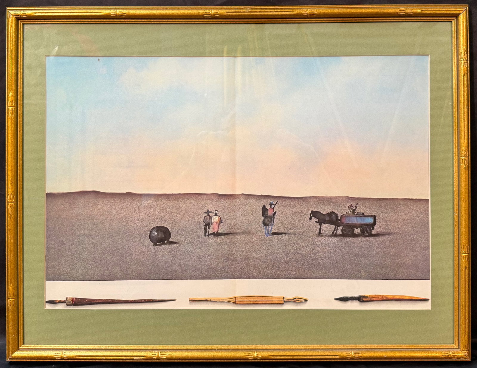 SAUL STEINBERG (1914-1999) ORIGINAL UNTITLED LITHOGRAPH, 19.5IN x 25.5IN (50cm x 65cm): Saul Steinberg (1914-1999) original untitled lithograph. This lithograph was produced in 1973 in Paris by Gallery Maeght Paris for Derriere le Mirior. It is matted and framed under glass in a golden f