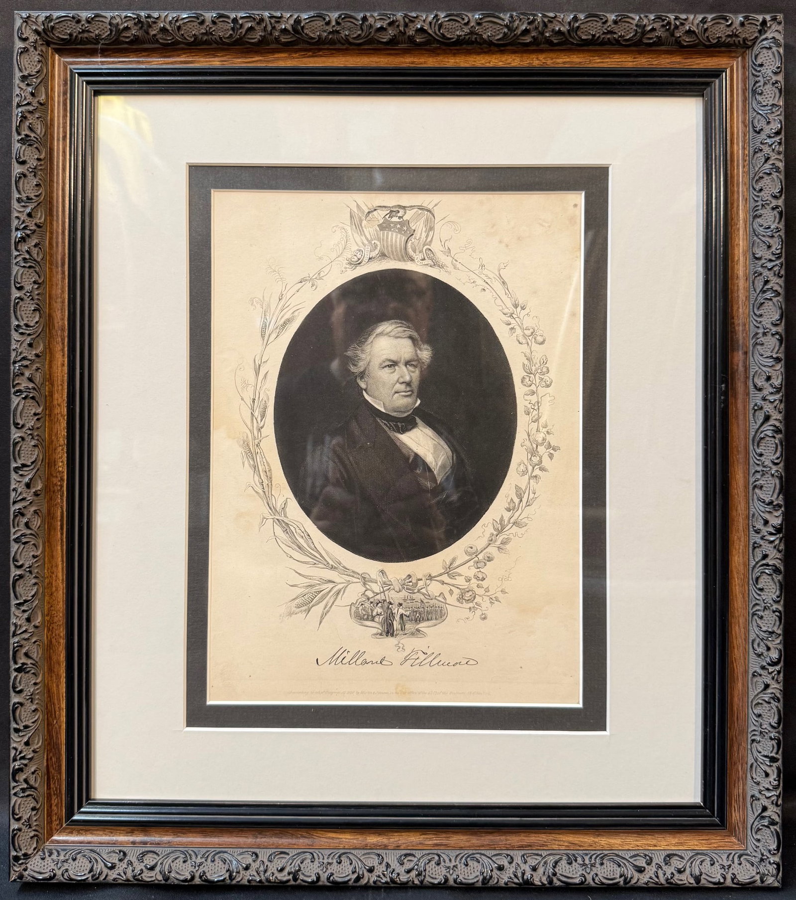 1856 MILLARD FILLMORE PRESIDENTIAL STEEL ENGRAVING WITH CIVIL WAR ERA COMMAND IMAGERY, MARTIN AND (1 of 7)