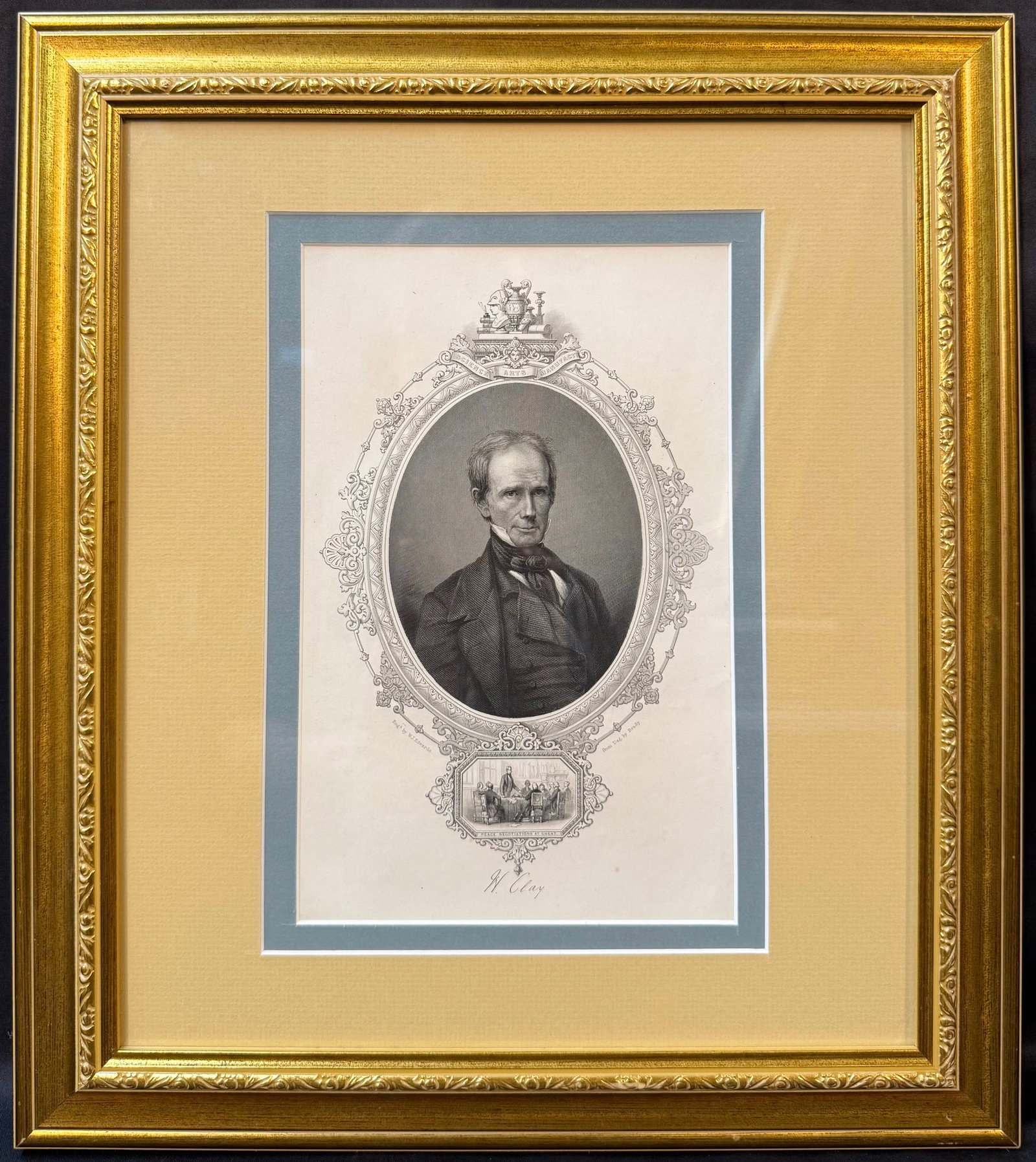 HENRY CLAY STEEL ENGRAVING AFTER MATHEW BRADY DAGUERREOTYPE, BY W.J. EDWARDS, WITH A ?PEACE: A finely executed mid-19th century American steel engraving depicting Henry Clay, one of the most influential political figures of the early United States. This piece is rendered with exceptional clar
