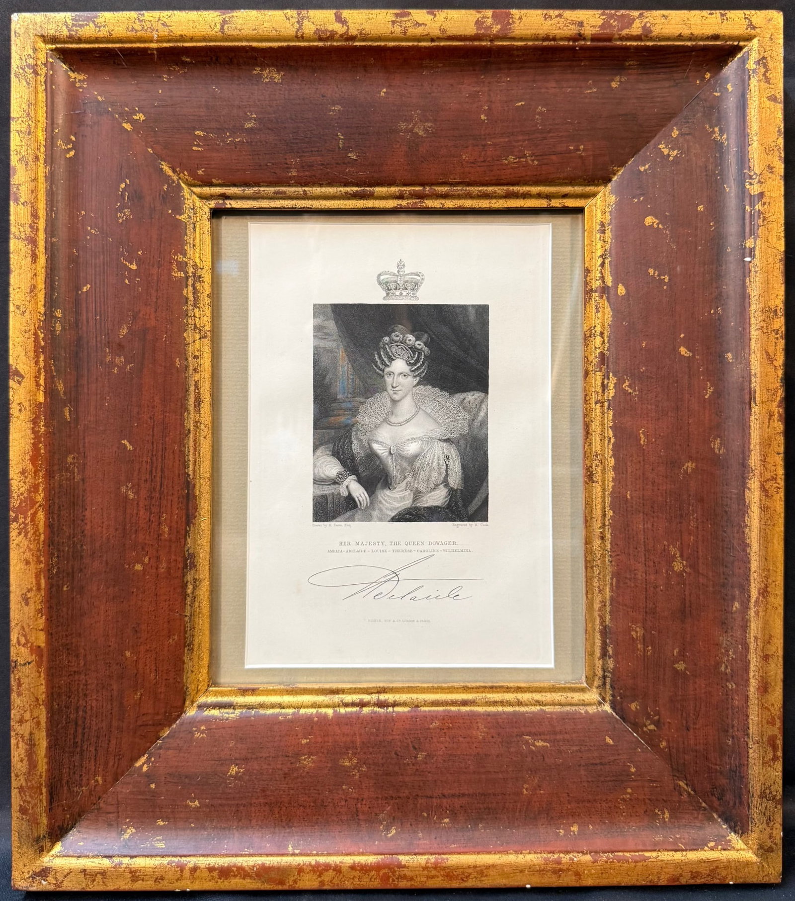 19TH CENTURY BRITISH ROYAL ENGRAVING OF QUEEN ADELAIDE (QUEEN DOWAGER), FISHER, SON & CO., 14.5IN x: A refined and highly decorative mid-19th century steel engraving portrait of Queen Adelaide, Queen Consort of King William IV, presented here as “Her Majesty, The Queen Dowager.” This eleg