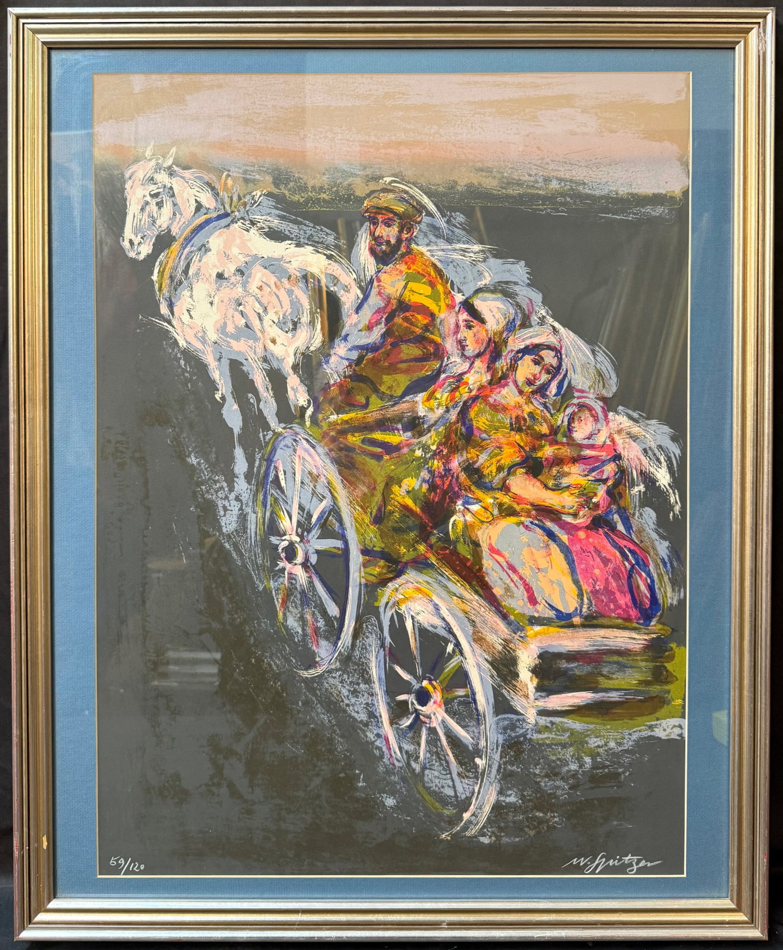 ORIGINAL WALTER SPITZER (1927-2021) HAND SIGNED, LIMITED-EDITION LITHOGRAPH, 27IN x 33IN (69cm x: Walter Spitzer (1927-2021) hand signed, limited edition, original lithograph that is a powerful and expressive piece portraying a family that is in a rushing horse-drawn wagon….. a theme that re
