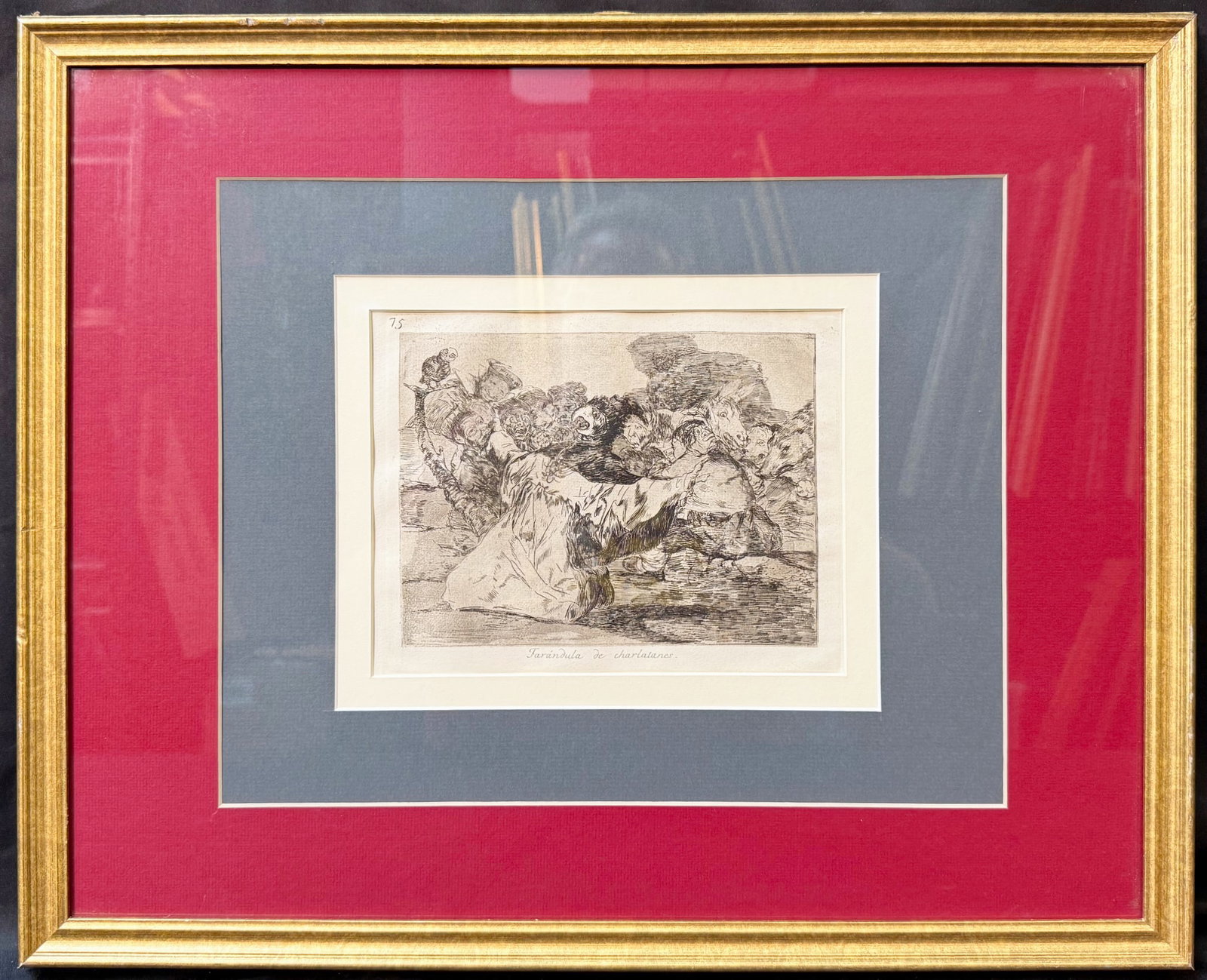 FRANCISCO JOSE DE GOYA Y LUCIENTES (1746-1828), ETCHING AND AQUATINT TITLED FARANDULA DE: This is a finely printed, posthumous impression of Plate 75, Farándula de charlatanes, from Francisco de Goya’s profound and influential satirical series Los Caprichos, which was first published 17