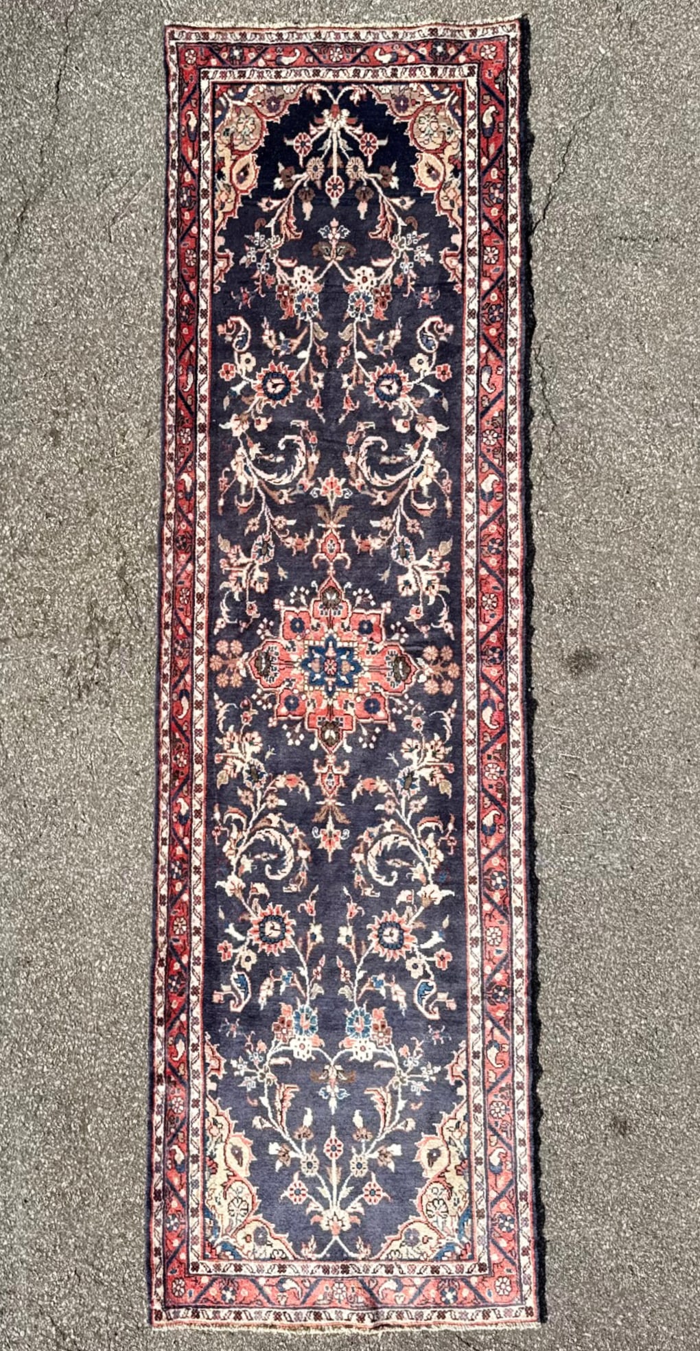 ANTIQUE PERSIAN MEHRABAN HAND KNOTTED RUNNER, 3.4 x 11.4 (102cm x 345cm): Antique Persian Hamadan Mehraban runner was hand knotted in Iran of 100% natural wool. This rug is 90+ years old, has medium wool piles and is in excellent condition for its age. Beautiful colors