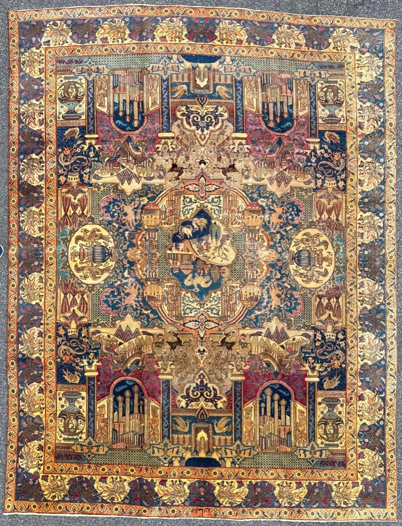 ANTIQUE PERSIAN KASHMAR ARCHEOLOGY HAND KNOTTED RUG, 9.2 x 12.0 (279cm x 366cm): Antique, Persian Kashmar Archeology rug was hand knotted in Iran of 100% natural wool on a cotton foundation. This rug is 100-110+ years old, has medium to low wool piles and is in excellent cond