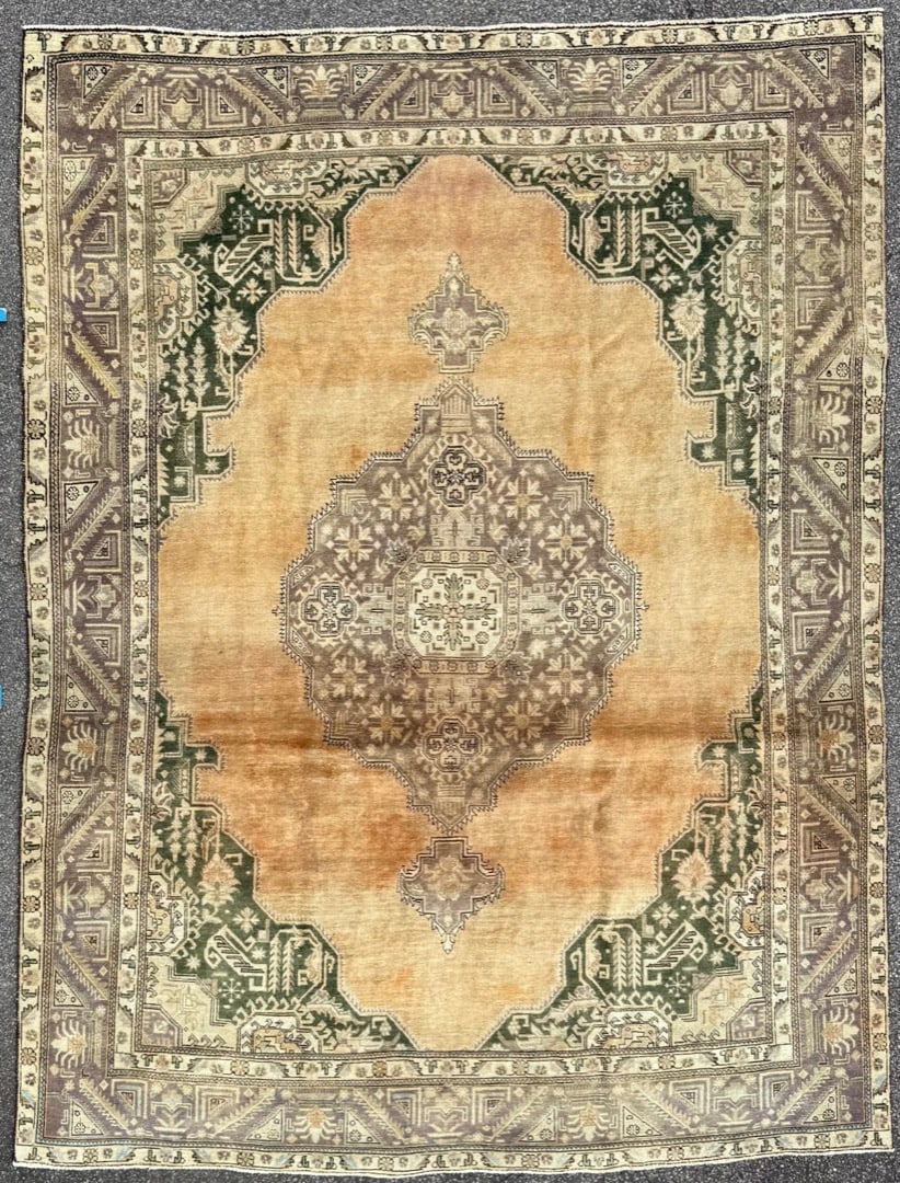 ANTIQUE ANATOLIAN OUSHAK HAND KNOTTED RUG, 9.9 x 13.0 (279cm x 396cm): Antique Anatolian Oushak rug was hand knotted in Turkey of 100% natural wool on a cotton foundation. The rug is 90+ years old, has medium to low wool piles and is in excellent condition for 