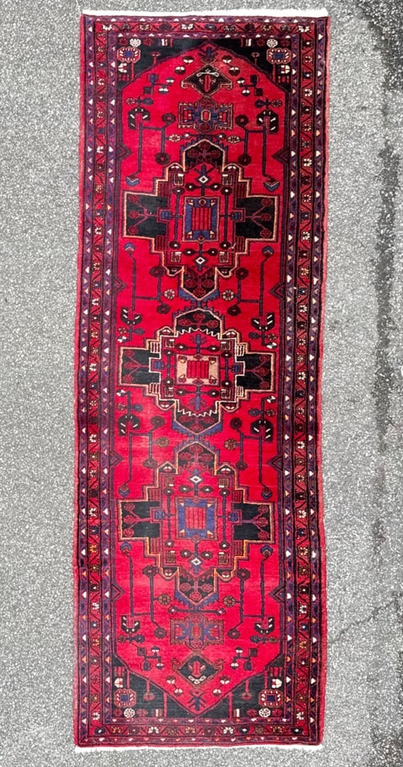 VINTAGE PERSIAN HAMADAN HAND KNOTTED RUNNER, 3.3 x 9.9 (99cm x 297cm): Vintage Persian Hamadan rug was hand knotted in Iran of 100% natural wool on a cotton foundation. This rug is 60+ years old, has medium wool piles and is in excellent condition for its age. Beautiful 