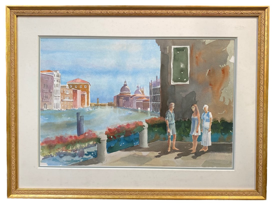WILLIAM NEWMAN (20th CENTURY) ORGINIAL WATERCOLOR ON PAPER, 22IN x 29IN (56cm x 74cm): Original Watercolor on paper landscape painting by artist William Newman (20th Century), showing a Venetian Canal scene. Signed by the artist, double matted and framed under glass and measuring 22in x