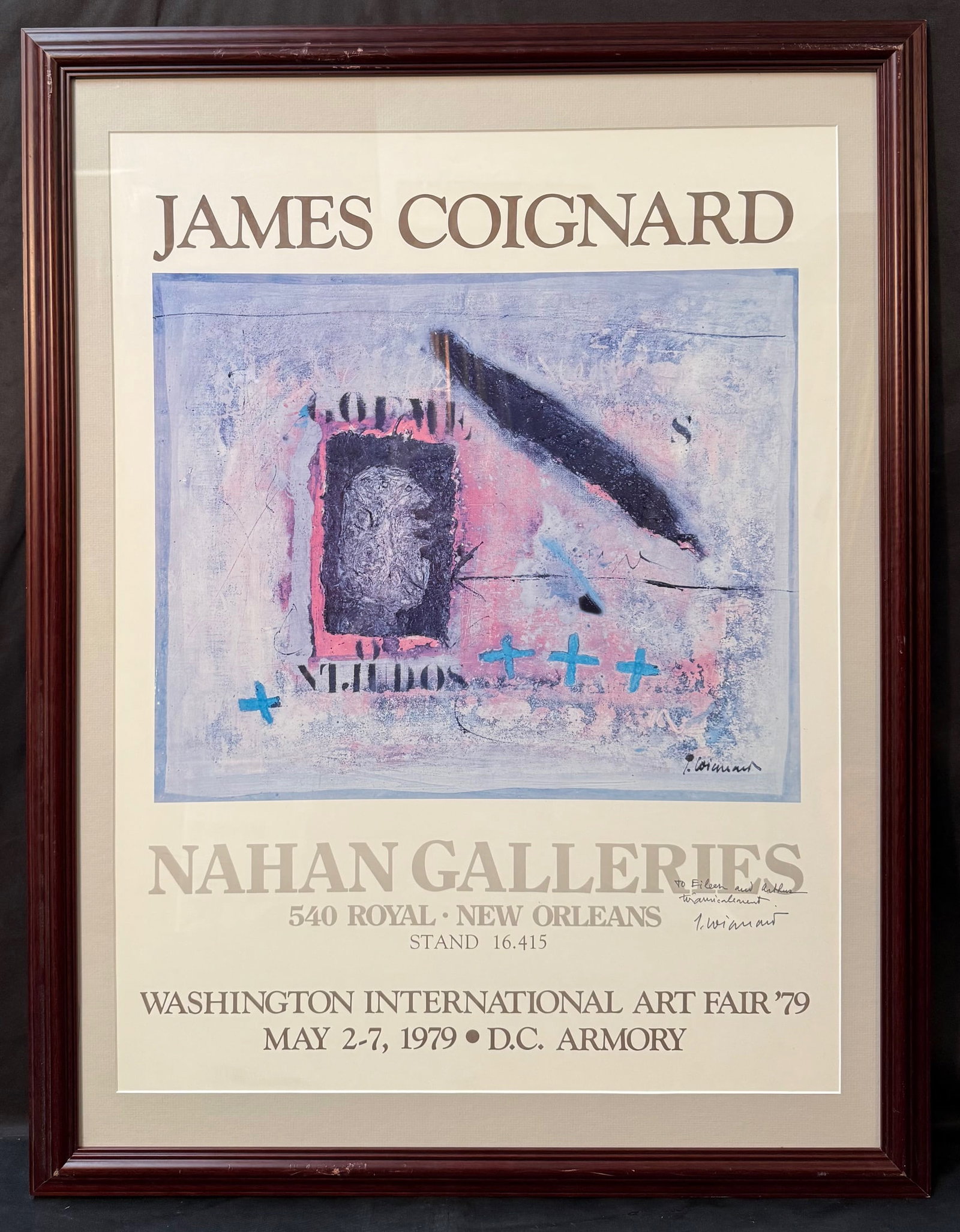 ORIGINAL JAMES COIGNARD (1925-2008) HAND SIGNED, NAHAN GALLERIES ART EXHIBITION POSTER, 27.5IN x: James Coignard (1925-2008) hand signed, original exhibition poster for the opening of the James Coignard exhibit at the Nahan Galleries in New Orleans and Washington, DC in 1979. It is hand signed in 