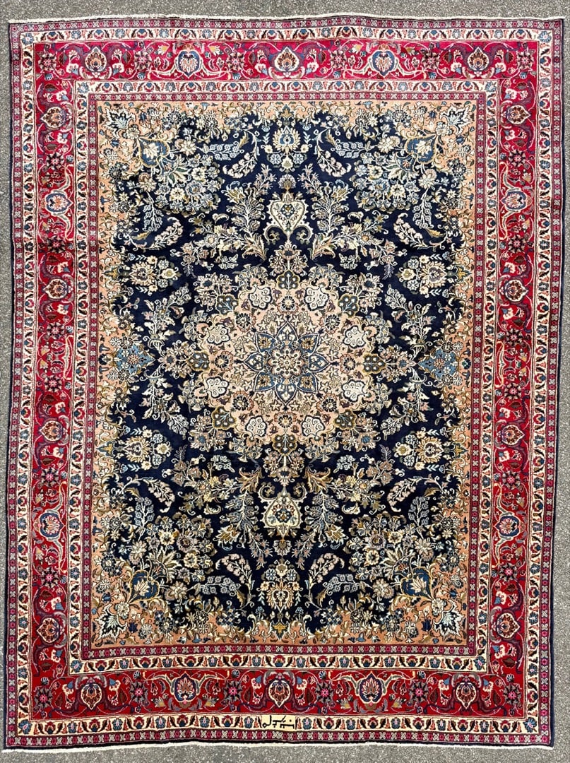 VINTAGE, SIGNED PERSIAN TABRIZ HAND KNOTTED RUG, 9.3 x 12.3 (282cm x 373cm): Antique Persian Tabriz rug, was hand knotted in Iran of 100% natural wool on a cotton foundation. This rug is 70+ years old, has full, wool piles and is in excellent condition for its age. The we