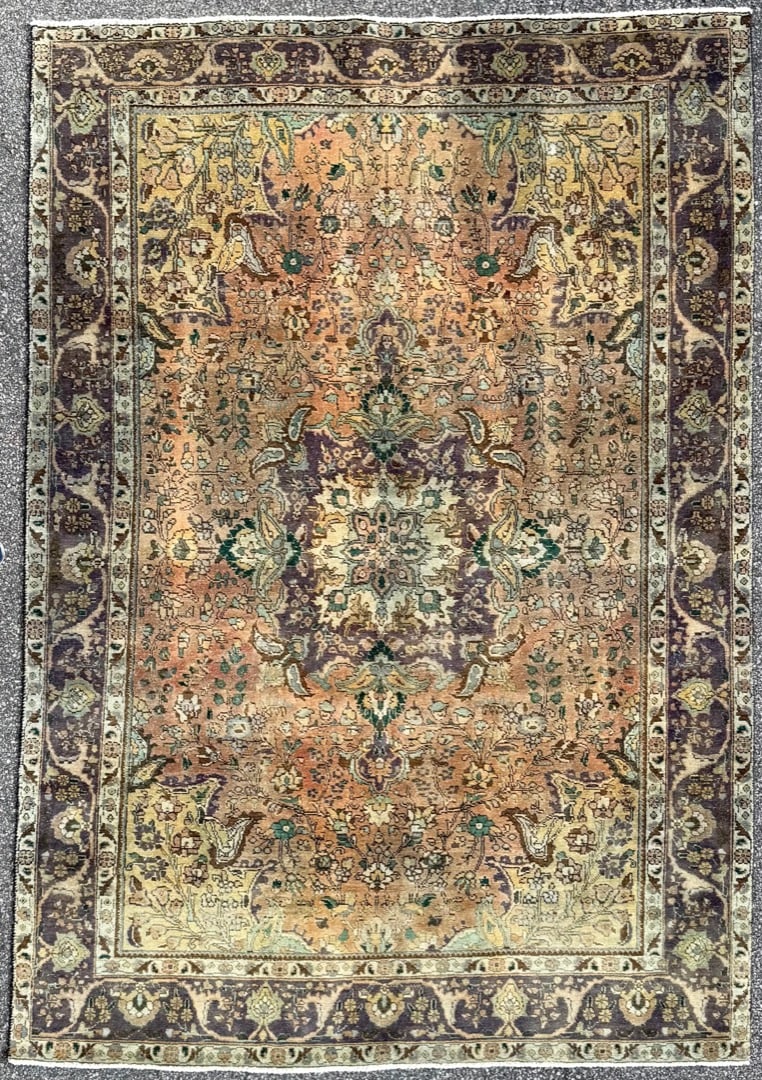 ANTIQUE PERSIAN TABRIZ HAND KNOTTED RUG, 6.5 x 9.6 (196cm x 290cm): Antique Persian Tabriz rug was hand knotted in Iran of 100% natural wool and has a cotton foundation. The rug is 120+ years old, has medium to low wool piles and is in excellent conditi