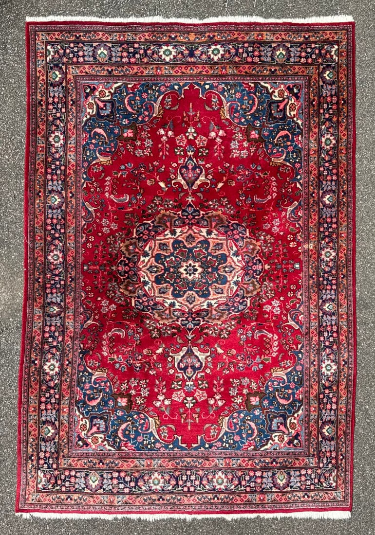 VINTAGE PERSIAN MASHAD HAND KNOTTED RUG, 6.6 x 9.8 (198cm x 295cm): Vintage Persian Mashad rug, hand knotted in PersiaÊof 100% natural wool on a cotton foundation. This rug is 70+ years old and has full to medium wool piles and is in excellent condition for its a