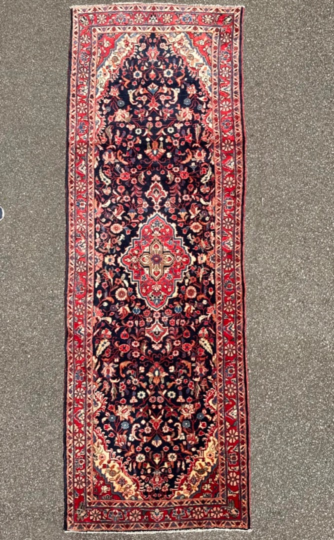 VINTAGE PERSIAN HAMADAN HAND KNOTTED RUNNER, 3.6 x 10.0 (107cm x 305cm): Vintage Persian Hamadan runner was hand knotted in Iran of 100% natural wool. This rug is 60+ years old, has medium wool piles and is in excellent condition for its age. This superb runner is sho