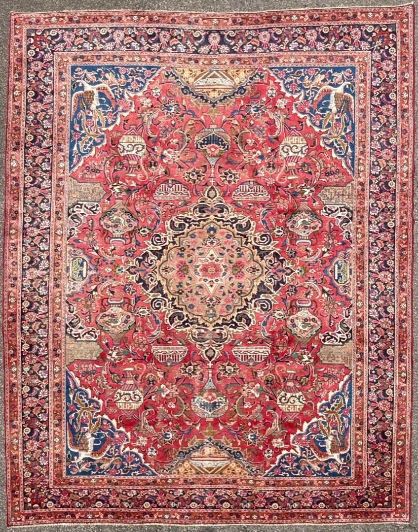 ANTIQUE PERSIAN KASHMAR CARPET, PICTORIAL VASE & BIRD DESIGN, HAND KNOTTED RUG, 10.0 x 12.4 (305cm x: A richly detailed and visually engaging, antique Persian Kashmar carpet, featuring an intricate pictorial field filled with vases, birds, and decorative architectural elements — a distinctive ex