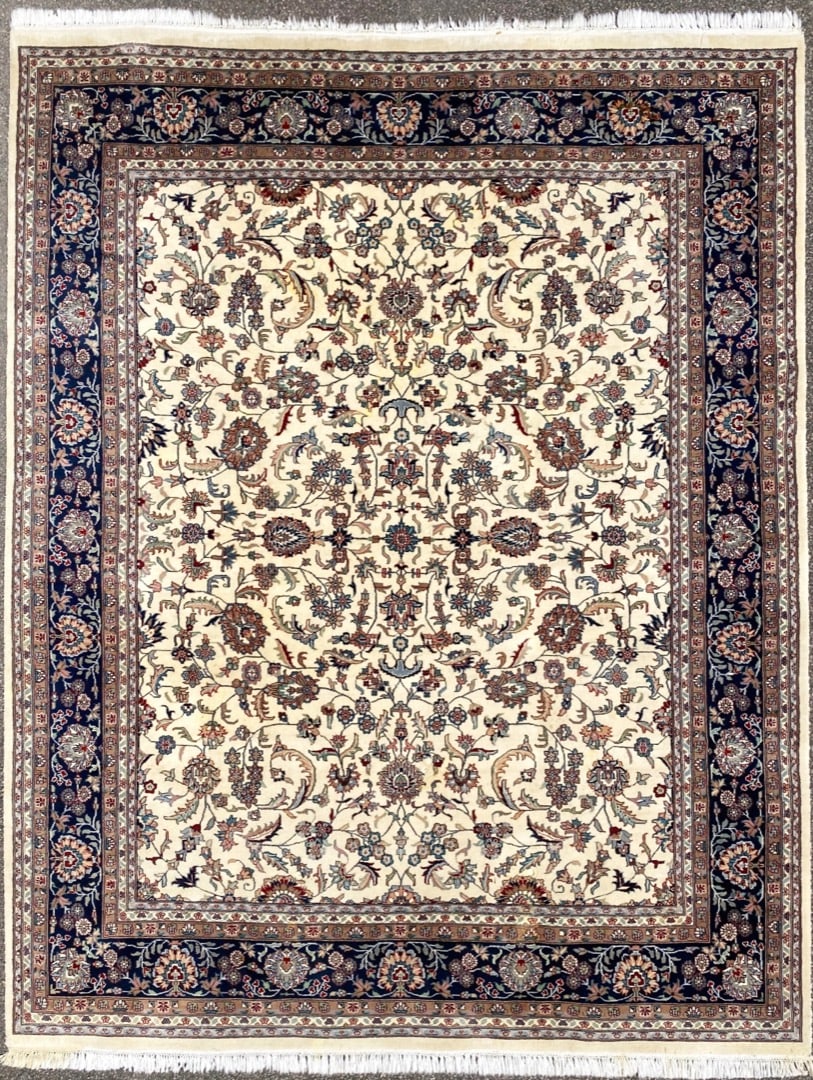 KASHAN HAND KNOTTED RUG, 8.0 x 10.5 (244cm x 318cm): This Kashan Rug was hand knotted in India of 100% natural wool on a cotton foundation. It has full wool piles and is in like new condition. Beautiful colors with the highest quality. No hole