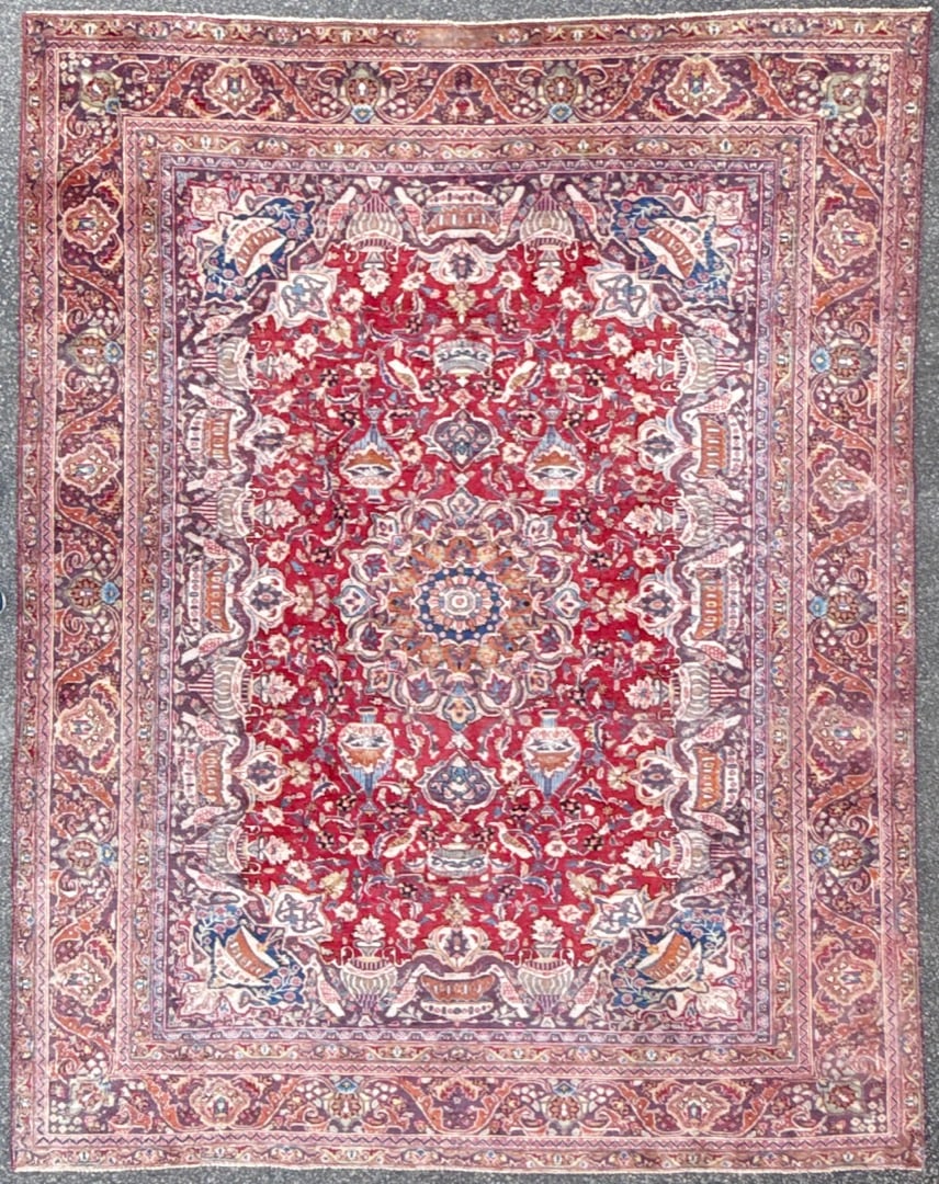 SIGNED PERSIAN KASHMAR CARPET, PICTORIAL VASE & BIRD DESIGN, RED FIELD HAND KNOTTED RUG, 9.3 x 12.0 (1 of 9)