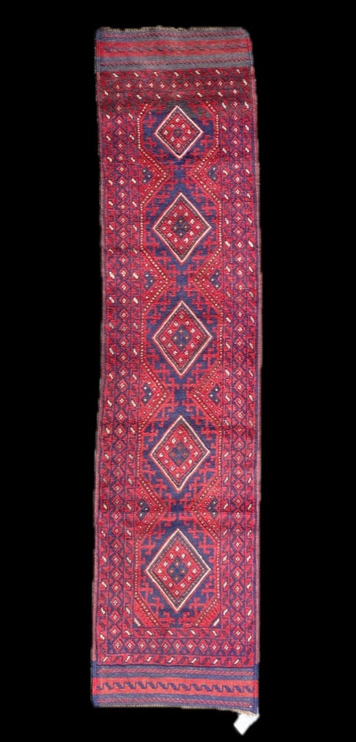 TRIBAL MASHWANI HAND KNOTTED RUNNER, NEW, 1.11 x 8.4 (58cm x 254cm): Afghani Mashwani runner was hand knotted in Afghanistan of 100% natural wool. It has medium wool piles and is in brand new condition. Beautiful colors with excellent quality, and no hol