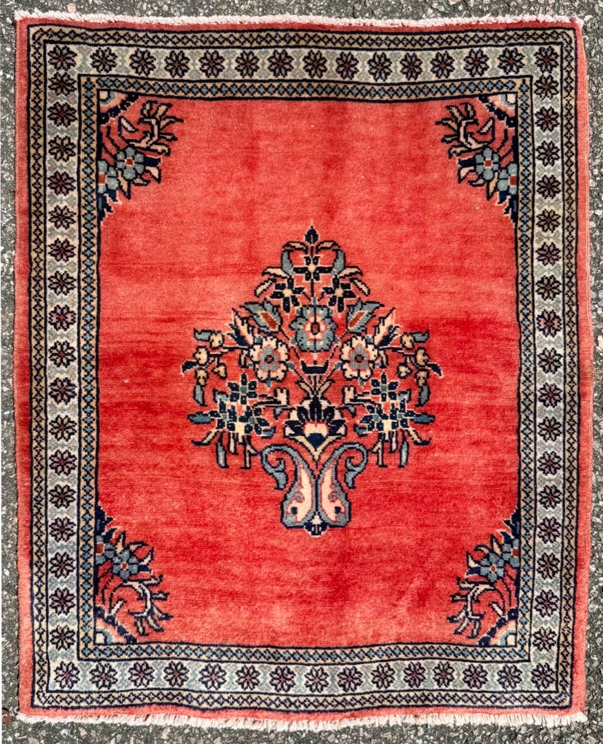 VINTAGE PERSIAN SAROUK HAND KNOTTED, 2.2 x 2.8 (66cm x 81cm): Vintage Persian Sarouk rug was hand knotted in Iran (Persia) of 100% natural wool and has a cotton foundation. This rug is 60+ years old, has medium wool piles and is in excellent condi
