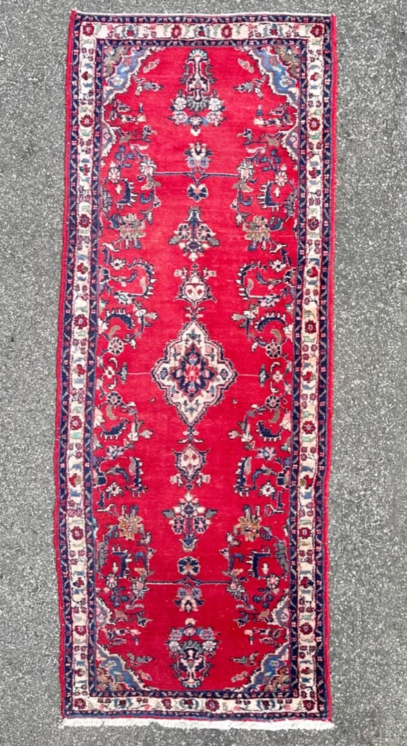 ANTIQUE PERSIAN HAMADAN HAND KNOTTED RUNNER, 3.9 x 9.7 (114cm x 292cm): Antique Persian Hamadan runner was hand knotted in Iran of 100% natural wool. This rug is 90+ years old, has medium to low wool piles and is in excellent condition for its age. Beautiful colors w