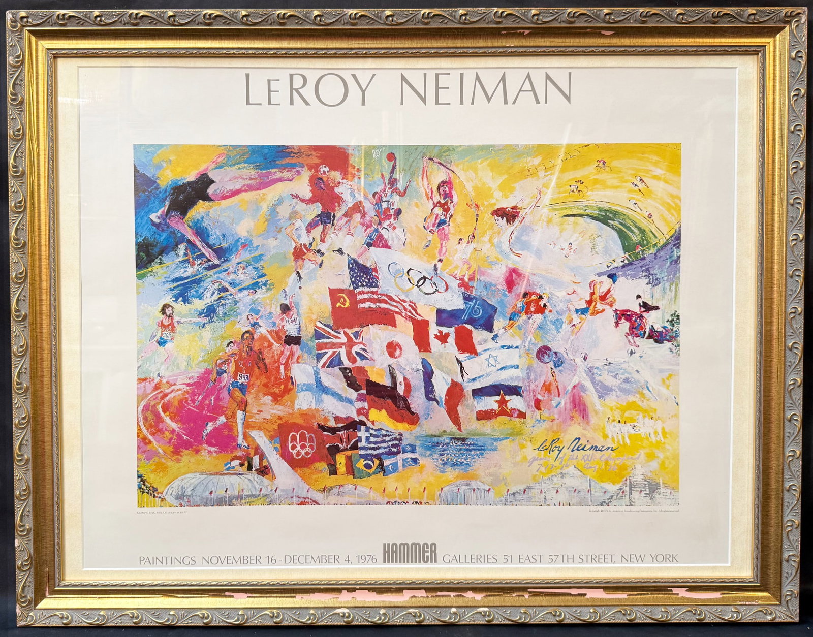 VINTAGE 1976 LEROY NEIMAN (1921-2012) "OLYMPIC RING" HAMMER GALLERIES EXHIBITION POSTER, MONTREAL: LeRoy Neiman (American, 1921–2012), "Olympic Ring," 1976 exhibition poster issued by Hammer Galleries, New York, for the artist's landmark November 16–December 4, 1976, exhibition. The ima