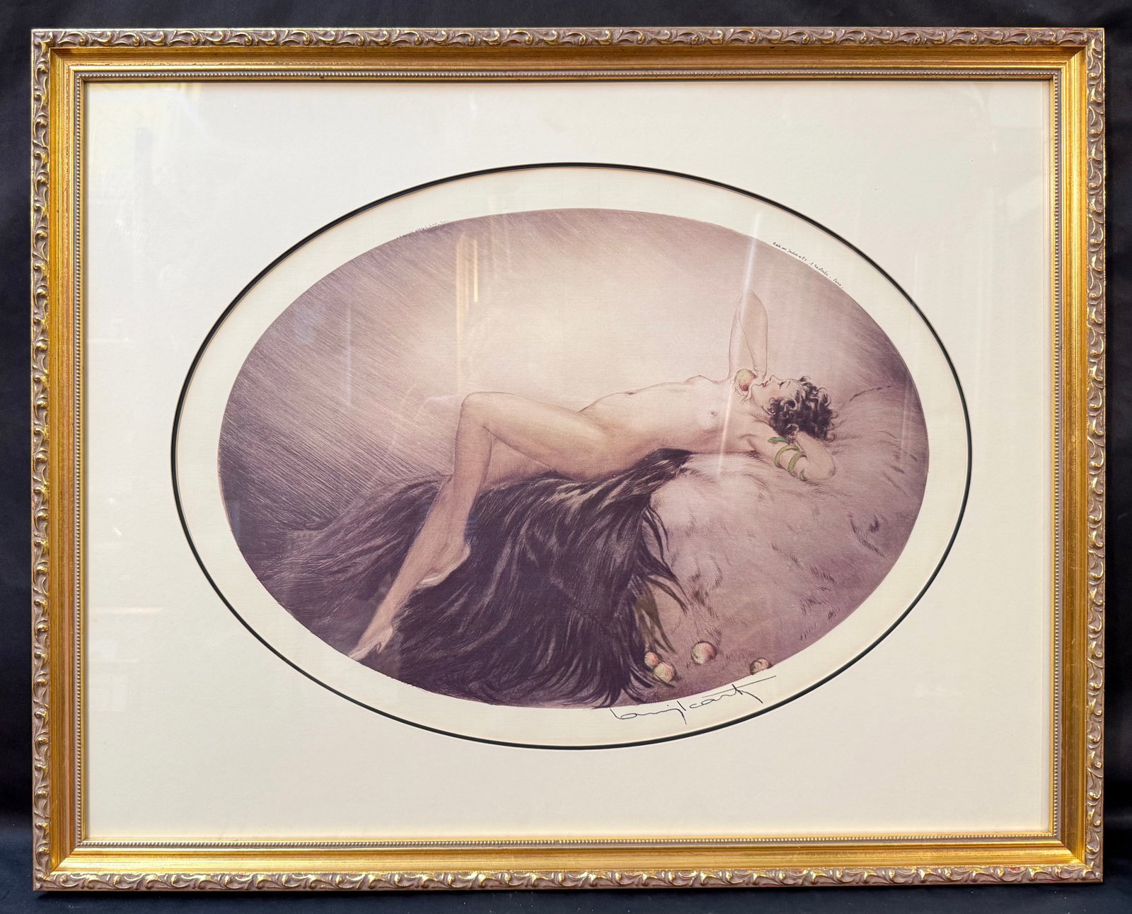 LOUIS ICART (FRENCH, 1888-1950) "EVE" ART DECO FIGURAL PRINT, 22IN x 28IN (56cm x 71cm): Elegant Art Deco figural print after the celebrated French artist Louis Icart, depicting his iconic composition "Eve." The work portrays the biblical Eve reclining upon a luxurious fur pelt, accompani