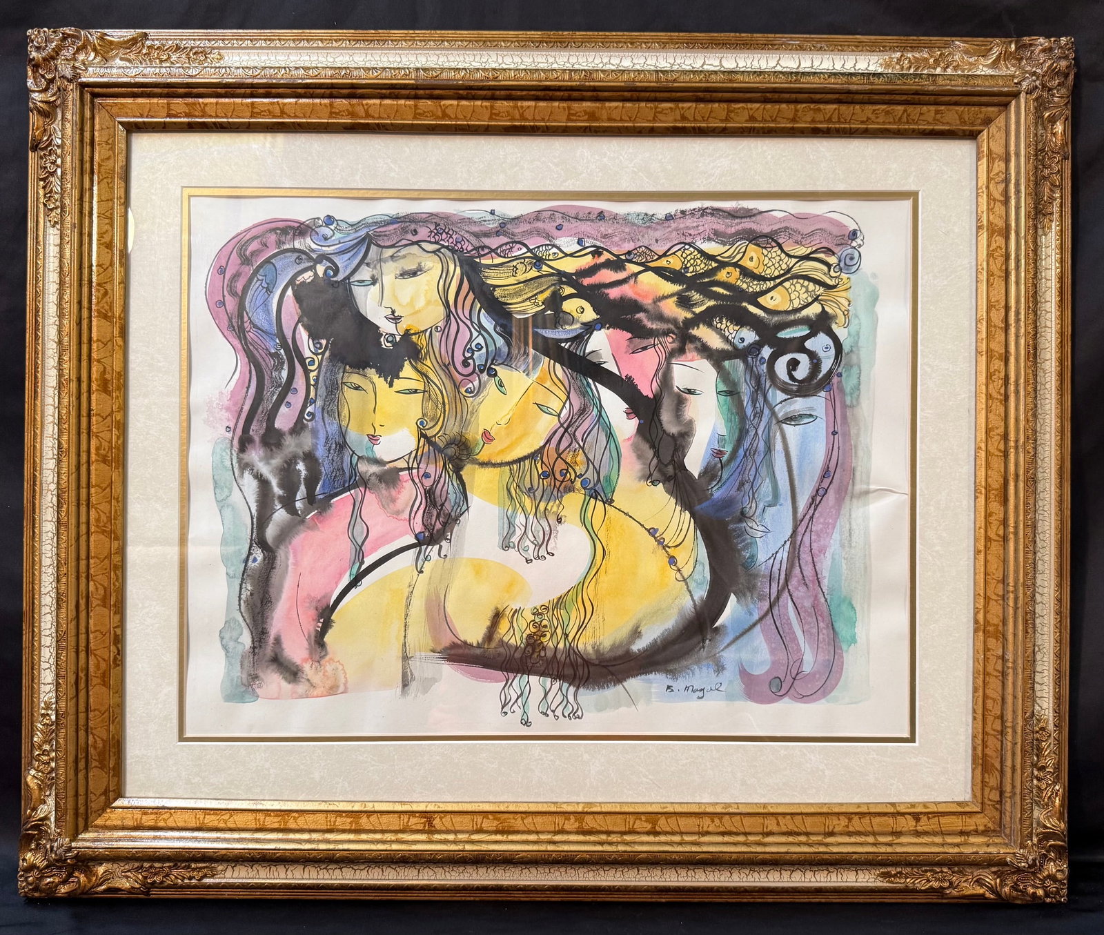 BATIA MAGAL ORIGINAL WATERCOLOR ON PAPER, SURREAL FEMININE COMPOSITION, 29IN x 34.5IN (74cm x 88cm)