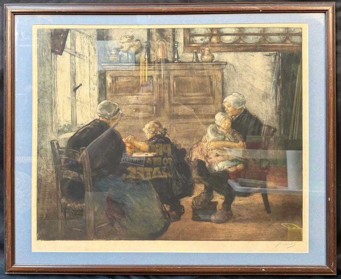 FRANTZ CHARLET (1862-1928) HAND SIGNED LITHOGRAPH TITLED MOTHER AND CHILDREN, BELGIAN REALISM,: A deeply evocative European interior scene by Belgian artist Frantz Charlet, capturing the quiet emotional warmth of motherhood and domestic life through the lens of Belgian realism. The scene capture