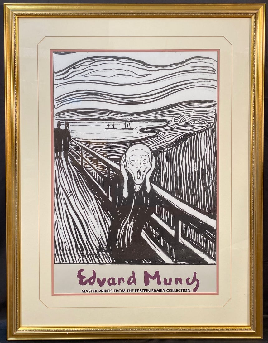 EDVARD MUNCH (1863-1944) ORIGINAL NATIONAL GALLERY EXHIBIT POSTER FOR HIS MASTER PRINTS, 32IN x 41IN: Edvard Munch (1863-1944) original National Gallery exhibit poster announcing his Master Prints. It measures 32 in x 41 in. It is framed under glass in an ornate, gold tone frame. It was produced in 19