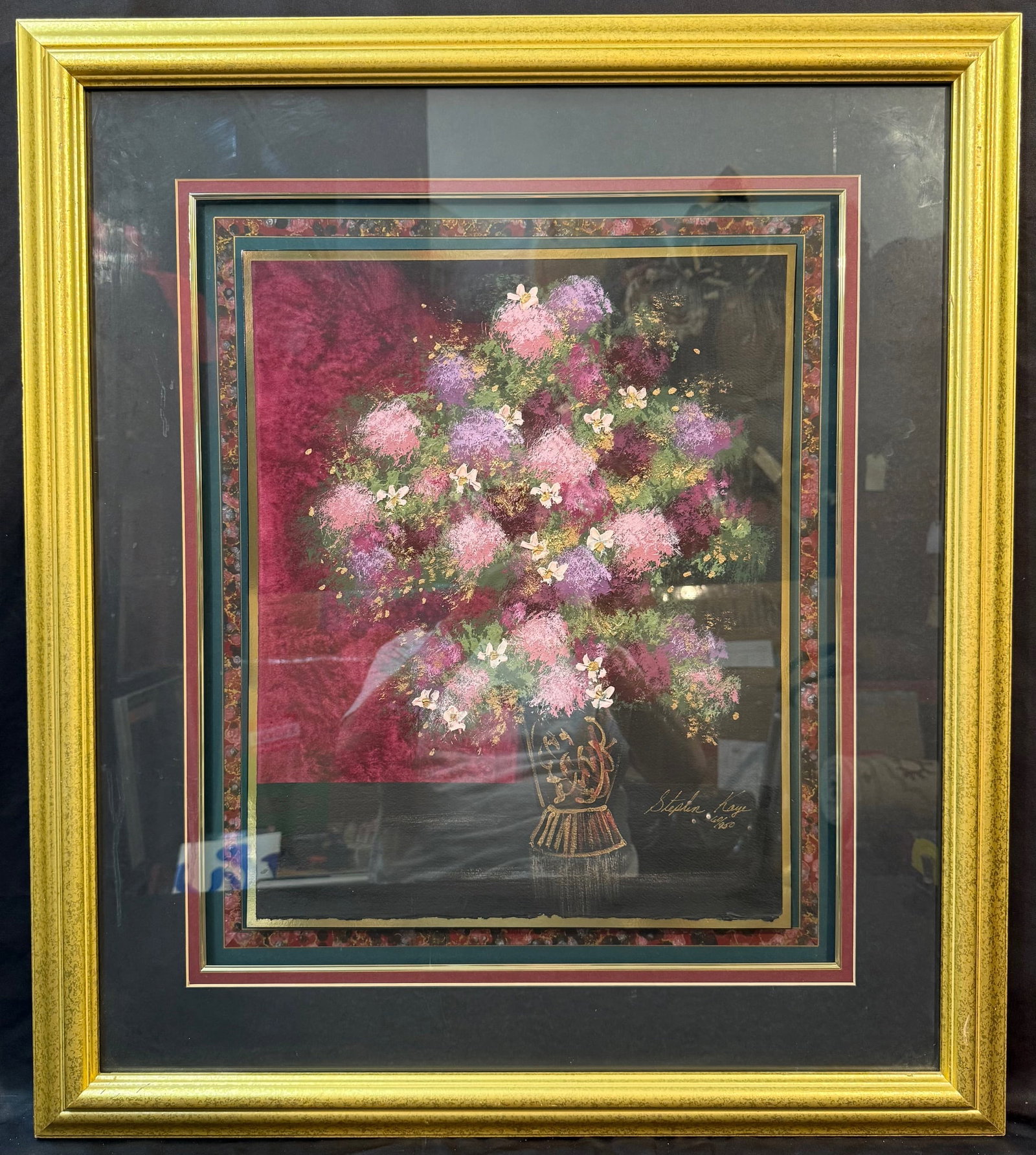 STEPHEN KAYE (20TH CENTURY) HAND SIGNED, LIMITED EDITION TEXTURED, FLORAL PRINT, 30IN x 34IN (76cm x: Limited edition, hand signed abstract floral textured print by Canadian artist Stephen Kaye (20TH Century). This piece is hand signed in golden marker in the lower right corner, and it was produced on
