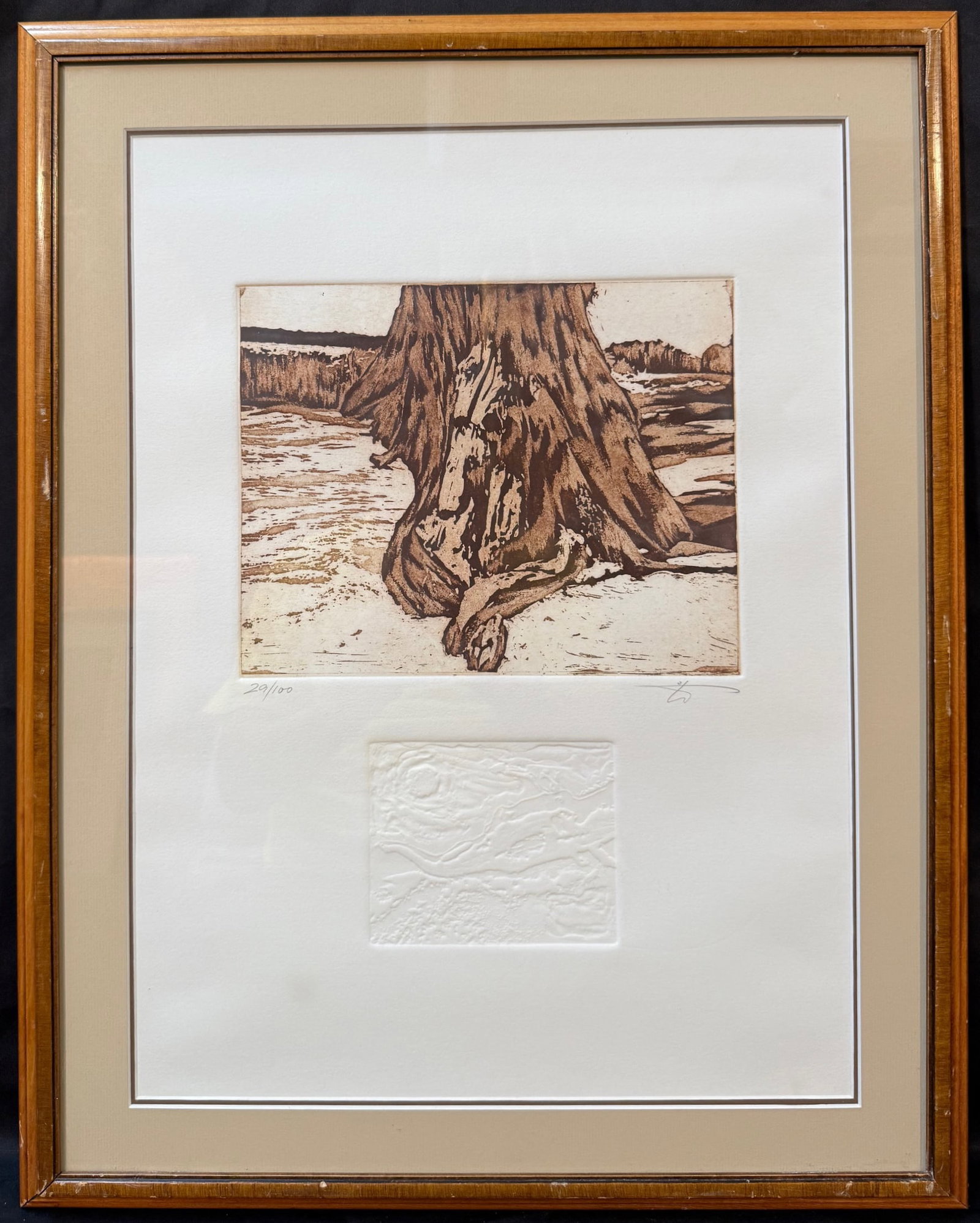 HEINZ SEEBAUER ORIGINAL, LIMITED-EDITION, HAND SIGNED, LINOCUT, 19IN x 24IN (48cm x 61cm): Heinz ÒOÕHenryÓ Seebauer original, limited-edition, hand signed, linocut of a tree trunk. It is hand signed in pencil in the lower right corner. It is a limited edition, it being 20 of 
