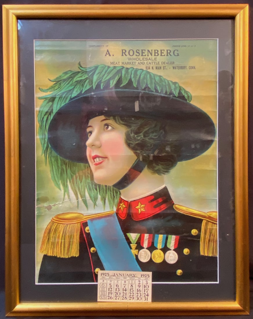 A. ROSENBURG 1925 LITHOGRAPH CALENDAR POSTER, 19.5IN x 25IN (49.5cm x 63.5cm): A. Rosenberg 1925 lithograph calendar poster. With frame, it measures 19.5 in x 25 in and it is matted and framed under glass in a gold frame. This piece came from a Metro Washington DC estate. FLAT R