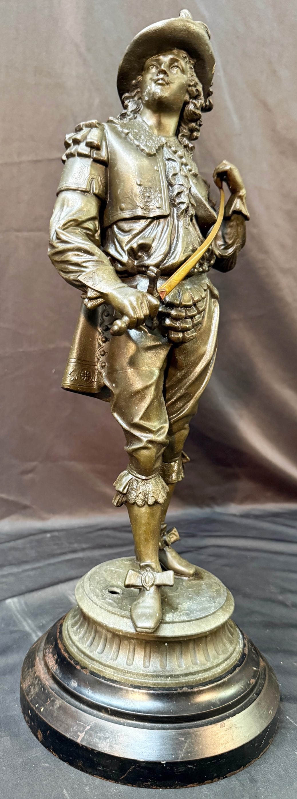 FRENCH SPELTER FIGURE ON TURNED WOODEN BASE, LATE 19th CENTURY, 20IN x 9IN x 9IN (51cm x 23cm x