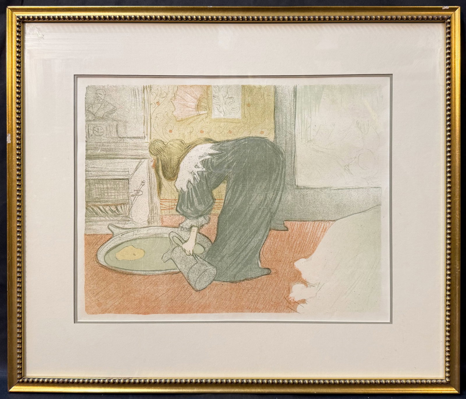 HENRI DE TOULOUSE-LAUTREC (1864-1901) LITHOGRAPH TITLED FEMME AU TUB, 20.5IN x 24IN (52cm x 61cm): Henri de Toulouse-Lautrec (1854-1901) lithograph titled Femme au Tub (Woman at the Tub). This piece is after the original which created in 1896. This work is part of Toulouse-Lautrec's series "Elles,"