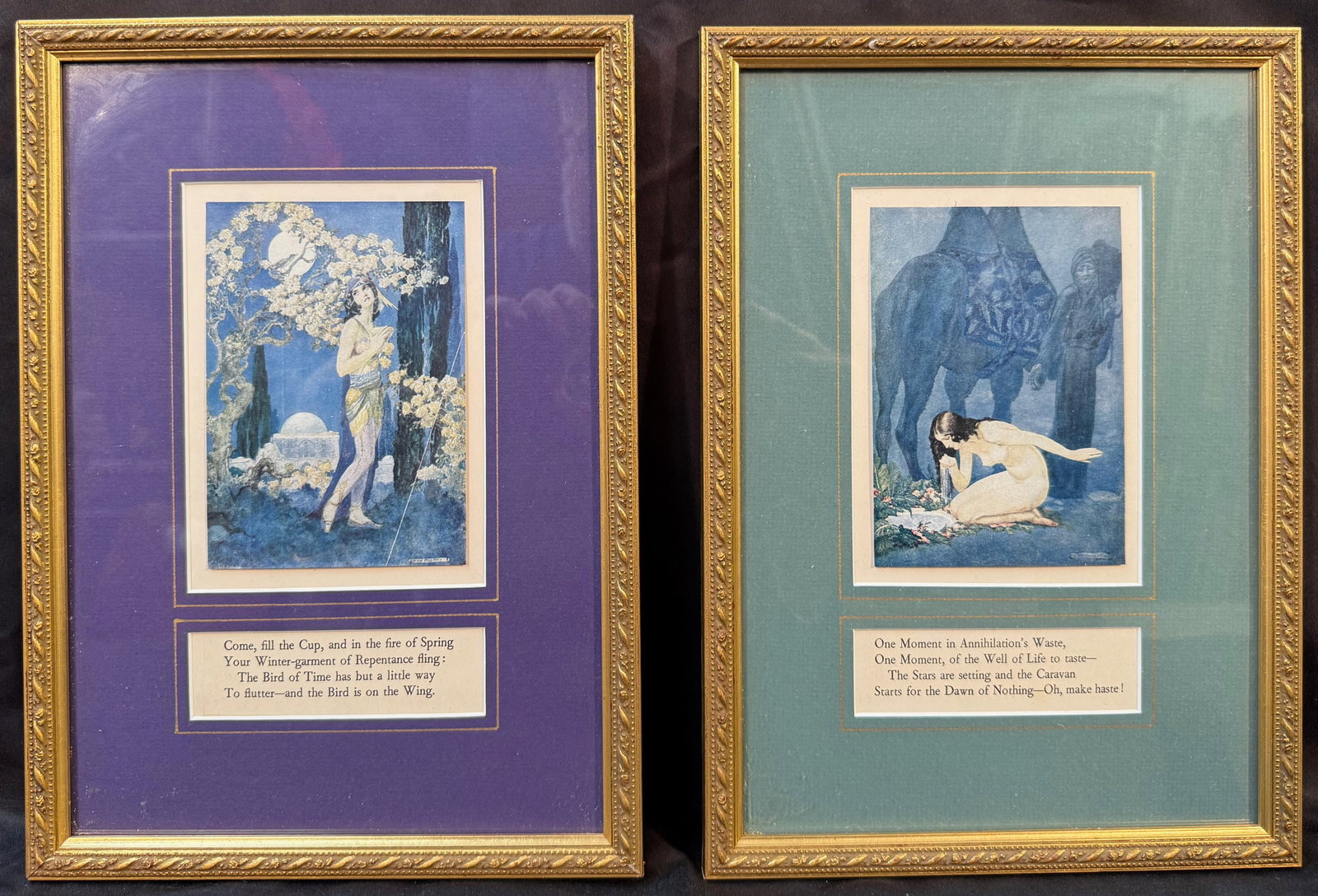 WILLY POGANY (1882-1955) ILLUSTRATIONS FROM THE RUBIYAT OF OMAR KHAYYAM, TRANSLATED BY EDWARD: Two lithographs by Hungarian artist Willy Pogany (1882-1955) that depict scenes from the Rubiyat of Omar Khayyam, which was translated by Edward Fitzgerald and published in 1938. This book is a collec