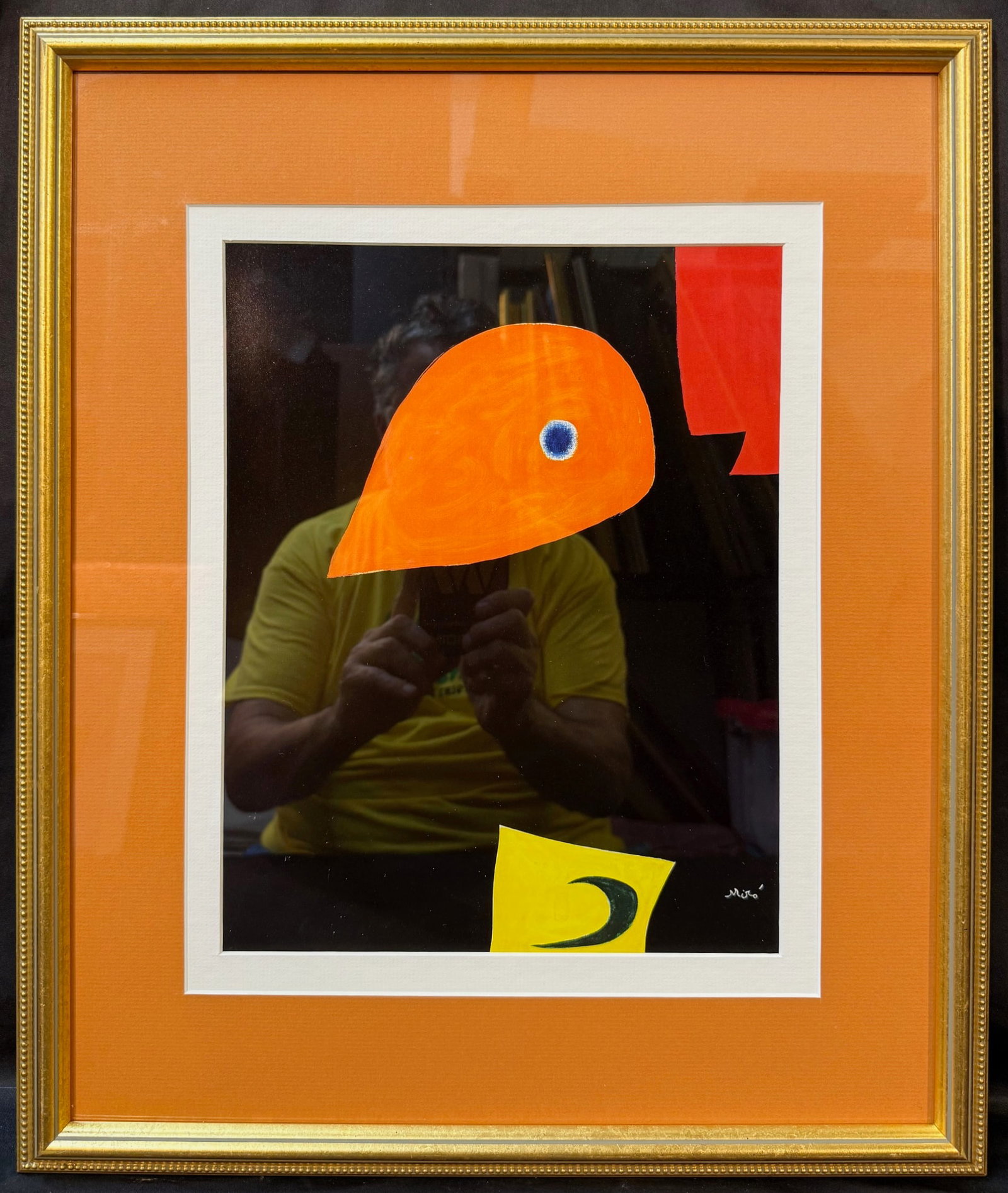 JOAN MIRO (1893-1983) ORIGINAL LITHOGRAPH TITLED TETE, 17.5IN x 21IN (44cm x 53cm): Original lithograph by Spanish artist Joan Miro (1893-1983) titled Tete, and it was produced in 1978 by Galerie Maeght in Paris. It is double matted and framed in a golden frame, and with frame it mea