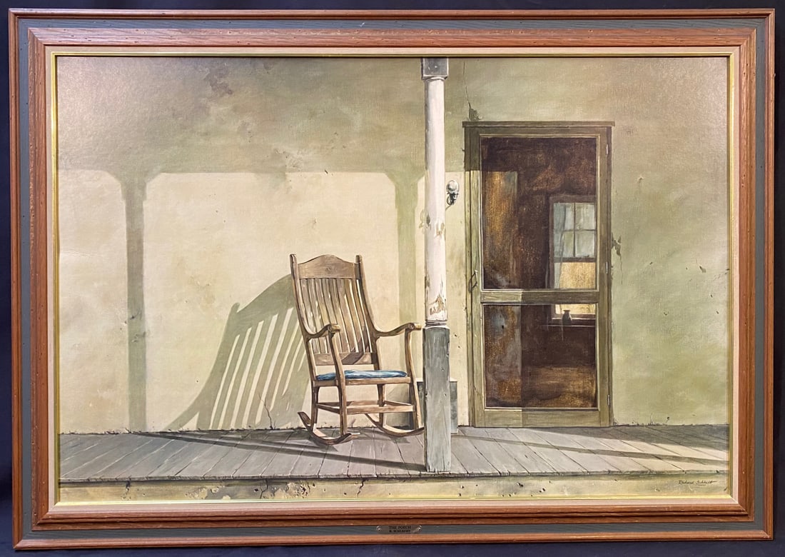 RICHARD SCHLECHT (1936) PRINT ON BOARD TITLED THE PORCH, 32IN x 45IN (81cm x 114cm): Richard Schlecht (1965) print on board titled The Porch. It is after the original which was painted in 1965. This piece measures 32 in x 45 in. It is matted and framed in a wooden frame. Acquired from