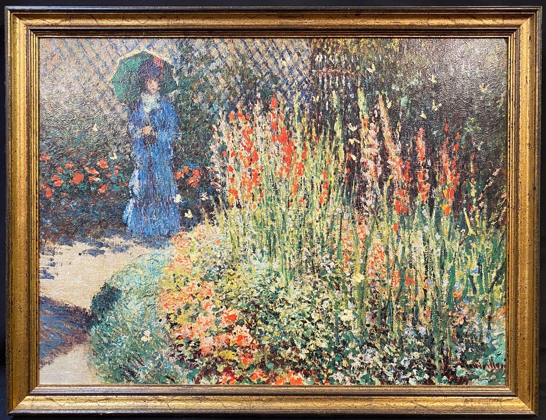 CLAUDE MONET (1840-1926) TEXTURED REPRODUCTION PRINT TITLED CORBEILLE DE FLEURS, 20IN x 25IN (51cm x: Claude Monet (1840-1926) textured reproduction print titled Corbeille De Fleurs, after the original which was painted in 1876. It is mounted and framed in a golden frame. With frame, it measures 20 in