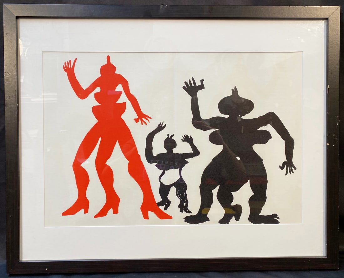 ALEXANDER CALDER (1898-1976) LITHOGRAPH TITLED TWO BLACK AND ONE RED FIGURE DANCING, 22IN x 27IN: Alexander Calder (1898-1976) lithograph titled Two Black and One Red Figure Dancing. This lithograph was produced in 1975 in Paris by Maeght Editeur. It is matted and framed under glass in a simple bl