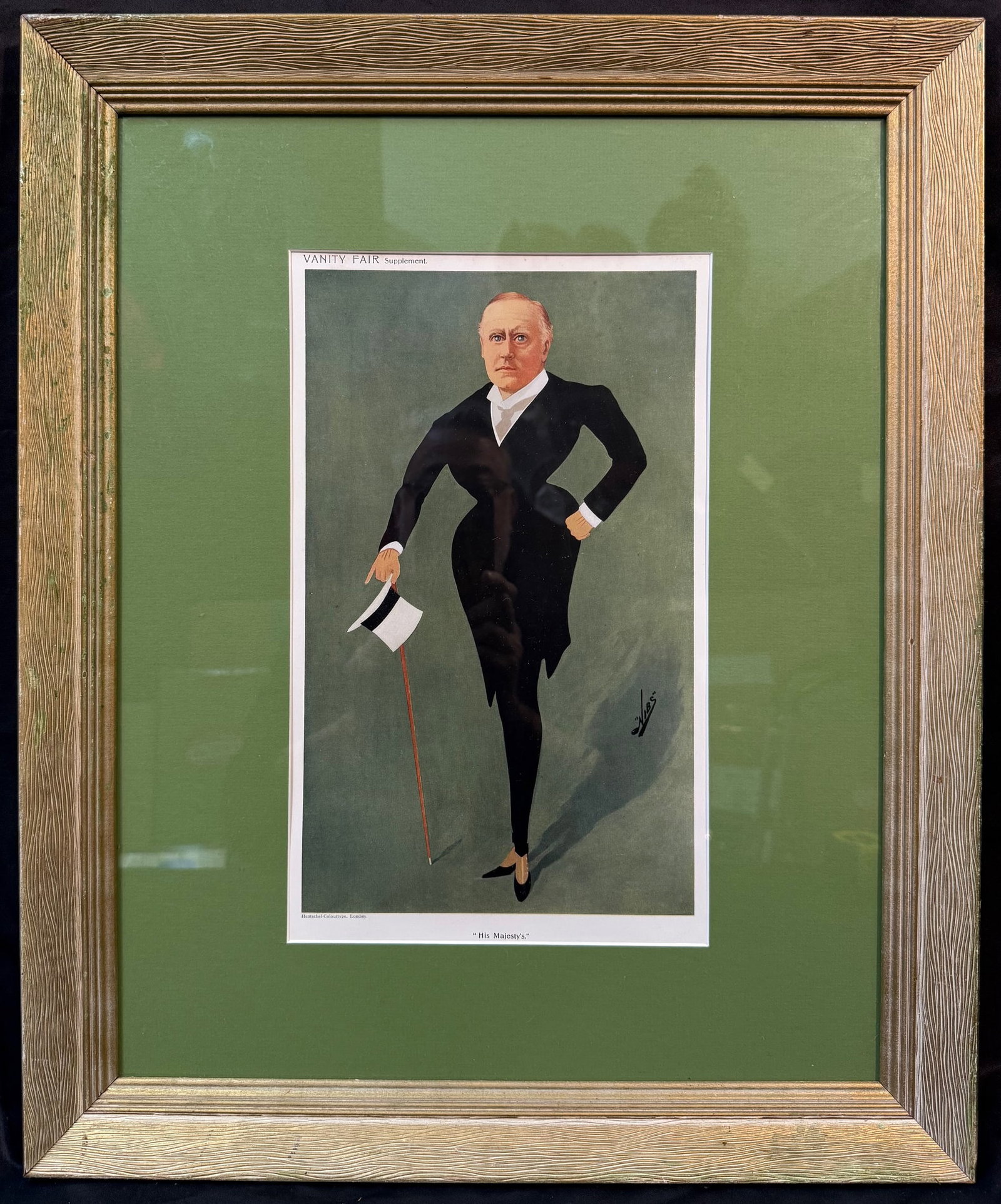 VANITY FAIR CHROMOLITHOGRAPH BY FREDERICK DRUMMOND NIBLETT (1861-1928) TITLED HIS MAJESTYS, 19IN x: Reprint by Frederick Drummond Niblett (1861-1928) titled ÒHis MajestysÓ. This was produced by Vanity Fair magazine in 1901 in a series of pictures called Men of the Day. This piece is after 