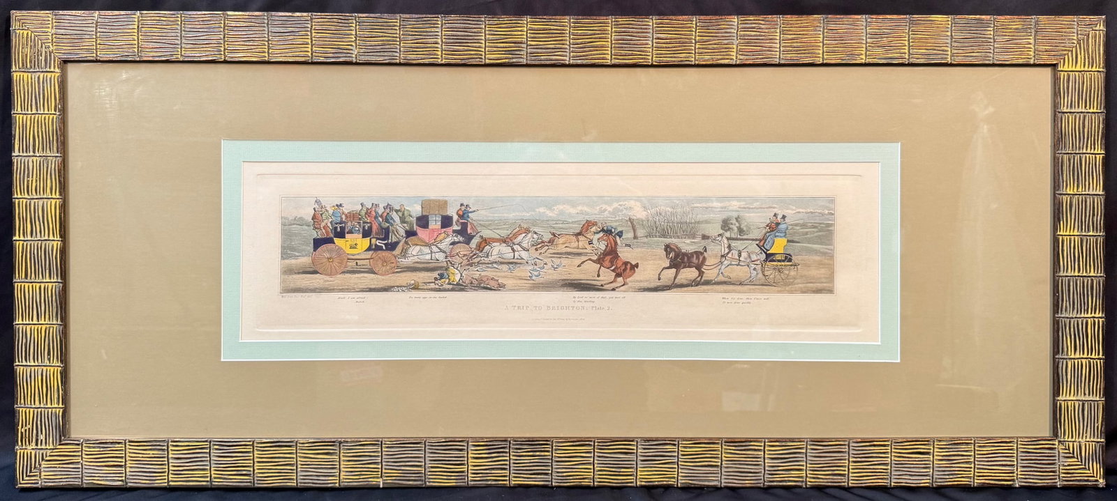 JOHN DEAN PAUL (1775-1852) ETCHING AND HAND COLORED AQUATINT TITLED A TRIP TO BRIGHTON. PLATE 2.: John Dean Paul (1775-1852) etching and hand colored aquatint shows full plate indents and was printed on cream stock paper. This piece is titled A Trip to Brighton, Plate 2. This piece was published i