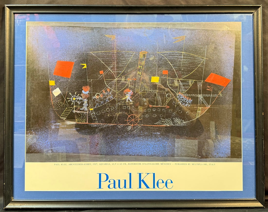 PAUL KLEE (1879-1940) LITHOGRAPH TITLED ABENTEURER-SCHIFF, 1927, 23.5IN x 30IN (60cm x 76cm): Paul Paul Klee (1879-1940) lithograph titled Abenteurer-Schiff, 1927, after the original which was painted in 1927. This piece was produced in 1988 by Cosmopress, Geneva. It was printed by Multipla SR