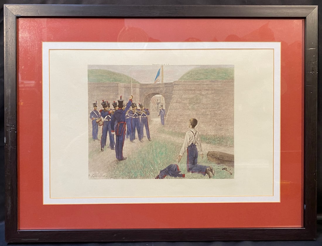 ANDRE CASTAIGNE (1860-1930) ORIGINAL, HAND COLORED COLLOTYPE TITLED EXECUTION OF A DESERTER, 18.5IN: Andre Castaigne )1860-1930) original, hand colored collotype titled Execution of a Deserter. It is after the original, which was painted in 1892, and was later printed by Philadelphia print maker Geor