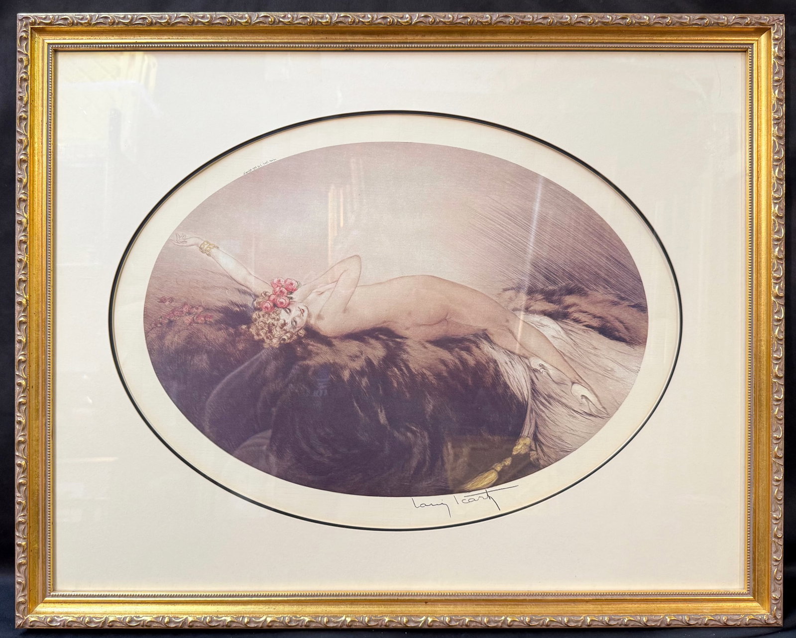LOUIS ICART (FRENCH, 1888-1950) "VENUS" ART DECO FIGURAL PRINT, 22IN x 28IN (56cm x 71cm): Elegant Art Deco figural print after the celebrated French artist Louis Icart, depicting his iconic composition "Venus". The work portrays Venus reclining upon a luxurious fur pelt. This is a symbolic