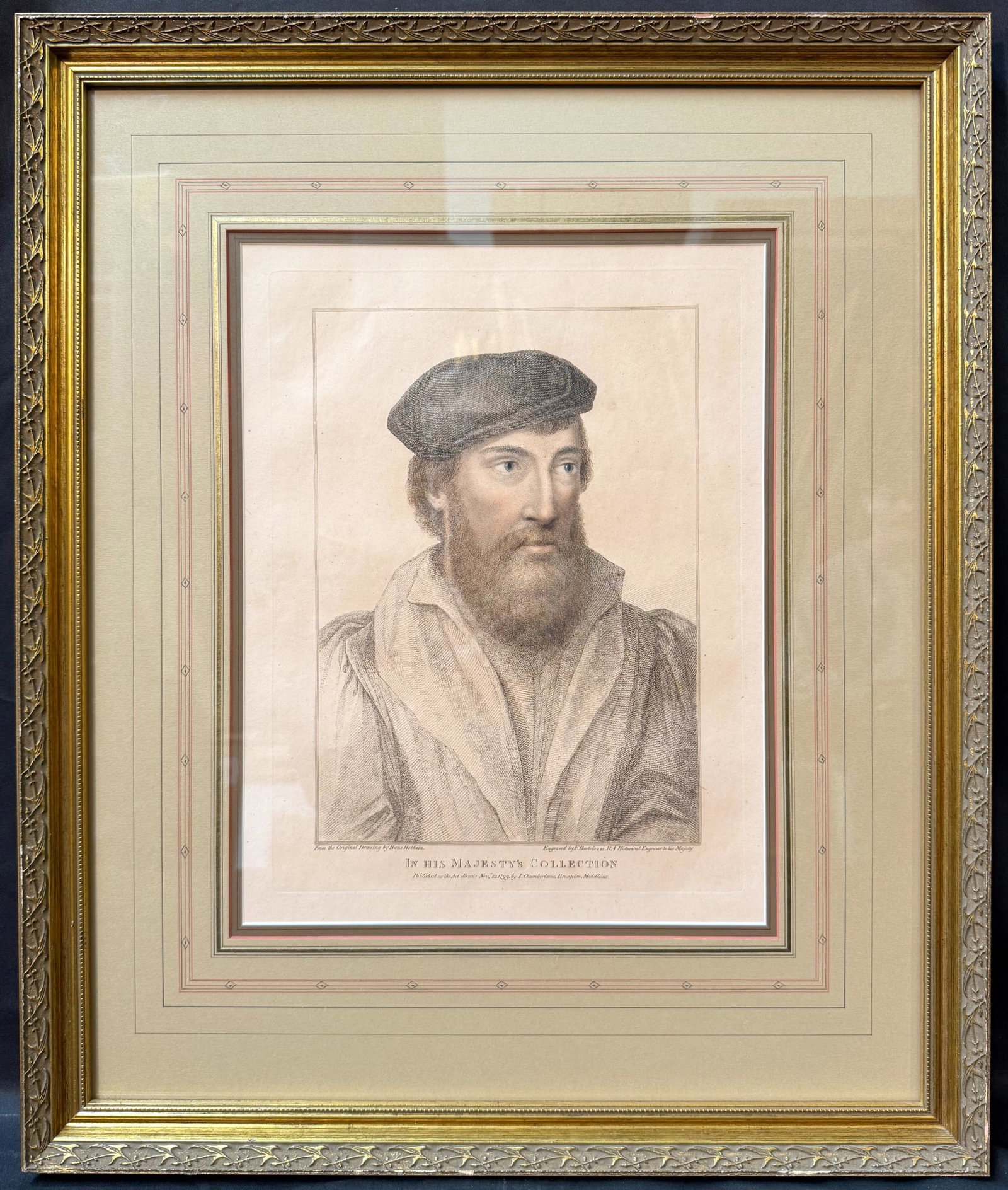 FRANCESCO BARTOLOZZI (1727-1815) TITLED IN HIS MAJESTYÕS COLLECTION, 18.5IN x 22.5IN (47cm x: A refined late-18th-century stipple engraving byÊFrancesco Bartolozzi, engraved after an original drawing byÊHans Holbein the Younger, depicting a bearded Renaissance gentleman wearing a dar