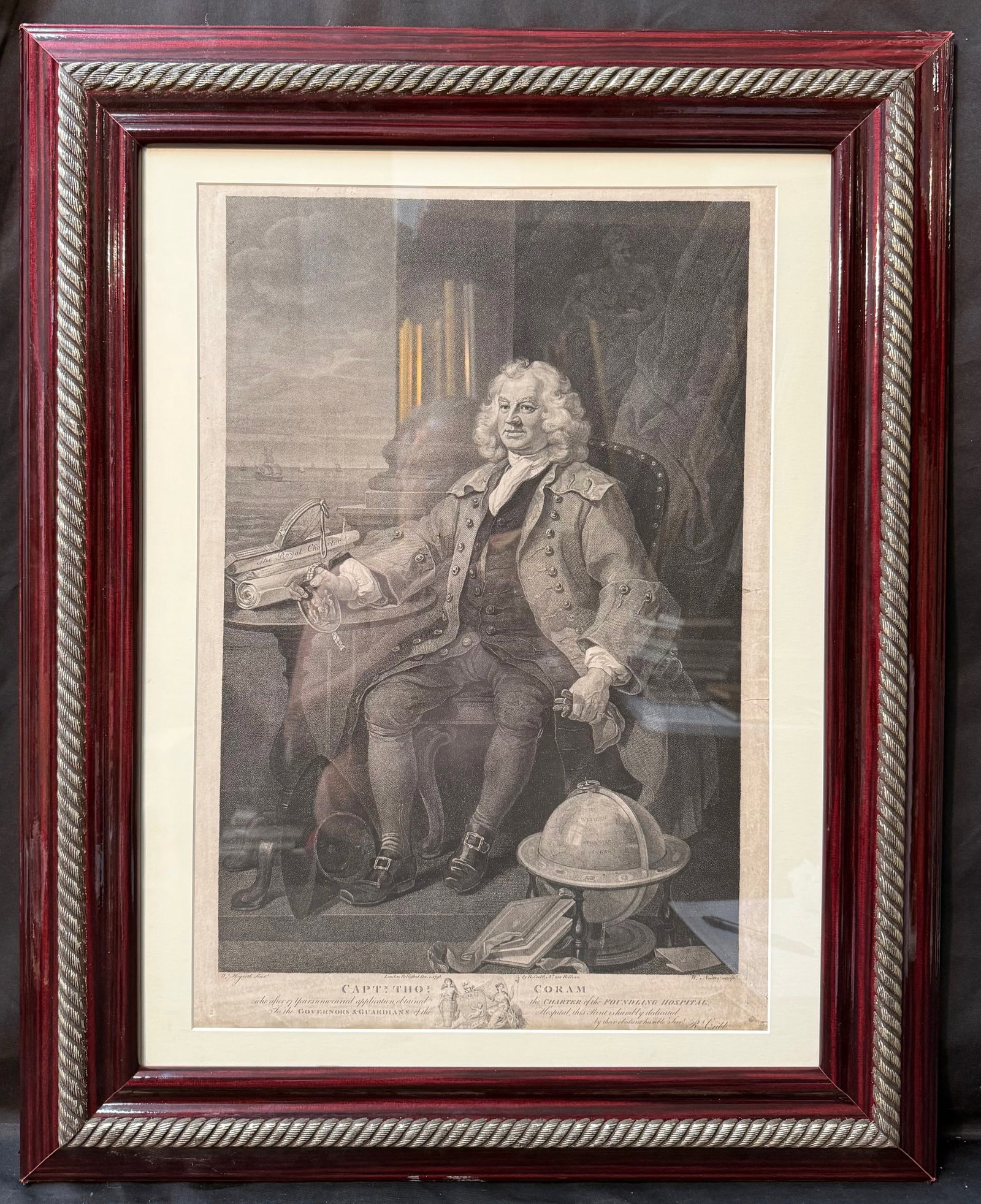 WILLIAM NUTTER ENGRAVING AFTER WILLIAM HOGARTH (1697-1764) PAINTING, 24IN x 30IN (61cm x 76cm): An important 18th-century British portrait print depictingÊCaptain Thomas Coram (1668Ð1751), the noted philanthropist and founder of LondonÕs Foundling Hospital. The image is engraved a