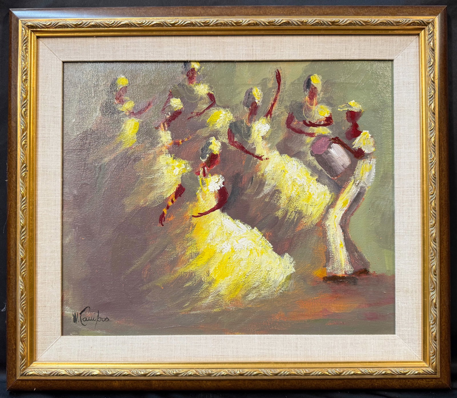 W. CAMPOS ORIGINAL SIGNED IMPRESSIONIST OIL PAINTING OF CARIBBEAN DANCERS, 21IN x 24IN (53cm x 61cm): A captivating original signed oil painting by W. Campos depicting an energetic scene of Caribbean or Afro-Latin dancers in motion, executed in a bold, impressionistic style with richly textured brushw