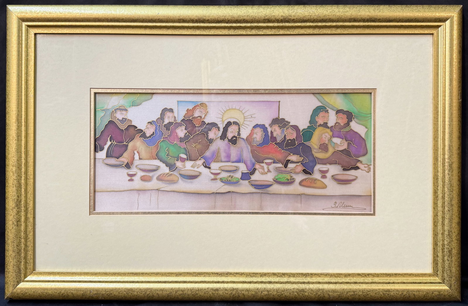 HAND-PAINTED SILK "THE LAST SUPPER" AFTER LEONARDO DA VINCI, SIGNED S. MUNN, 17IN x 25.5IN (43cm x (1 of 5)