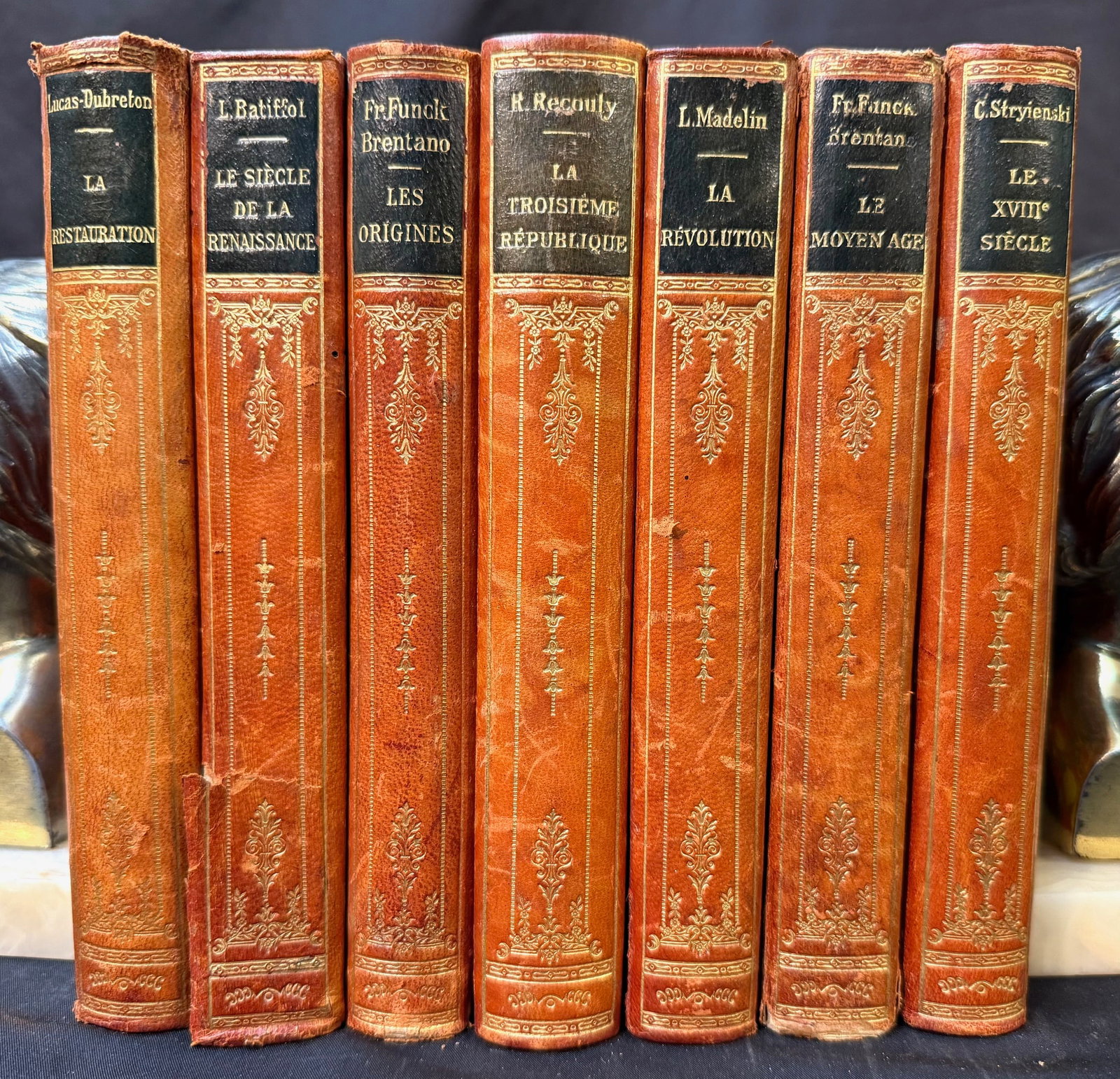 L'HISTOIRE DE FRANCE RACONT?E A TOUS, 7 VOLUMES, 1926: Paris, France. 1927. Librairie Hachette, Publisher. 7 volumes set. All volumes in Very Good+ to Very Good condition. All volumes bound in half; tan calves leather with marbled boards. Embossed in gold